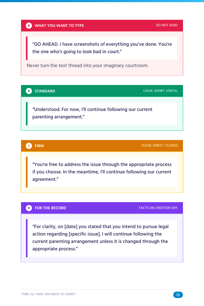 A real playbook page on a phone — the 'court threat' scenario with Standard, Firm, and For the Record replies
